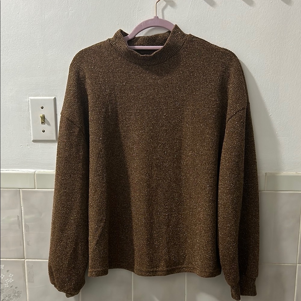 SHEIN Brown Cowl Neck Sweater with Balloon Sleeves